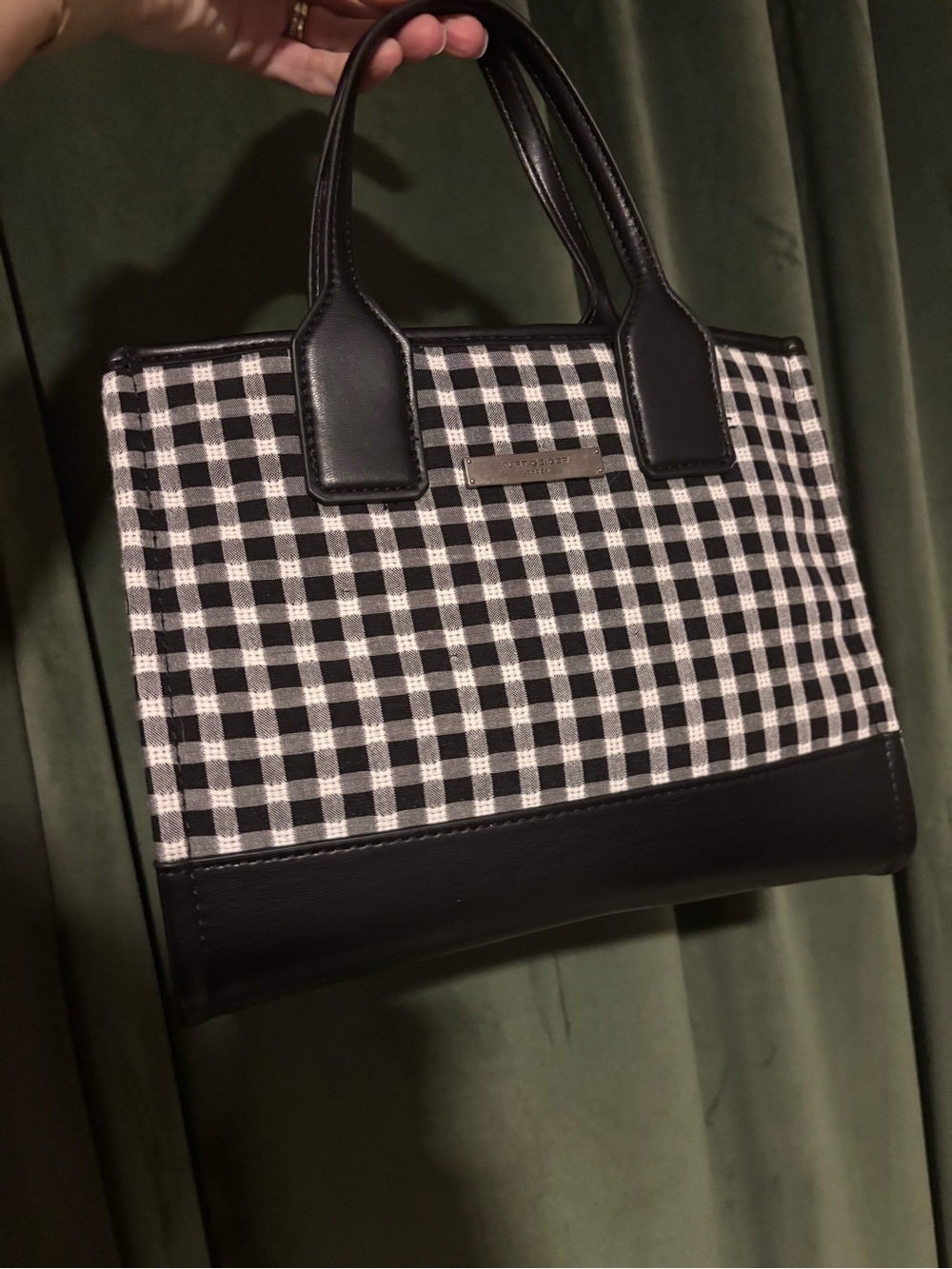 Kurt Geiger Black and White Gingham Small Tote with Leather Trim